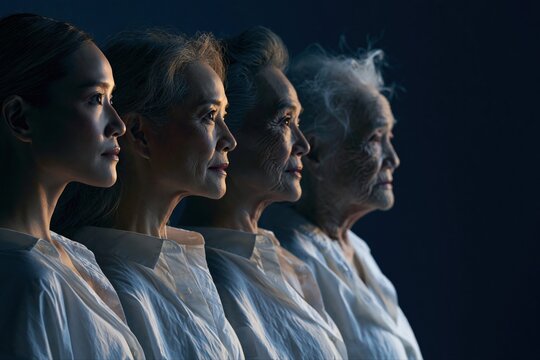 Diverse ages of women in profile, showcasing a journey through life from youth to old age
