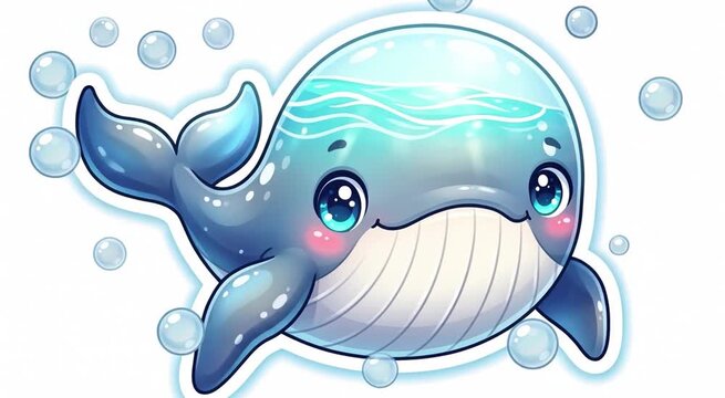 Cute kawaii blue whale cartoon illustration with ocean water inside its transparent head and surrounding bubbles