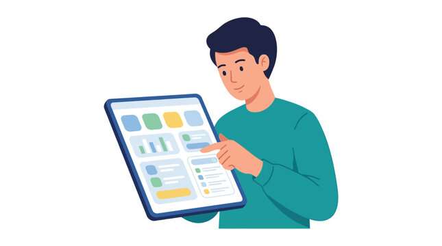 Young male professional beta tester swiping through digital application dashboard on tablet flat design vector illustration.