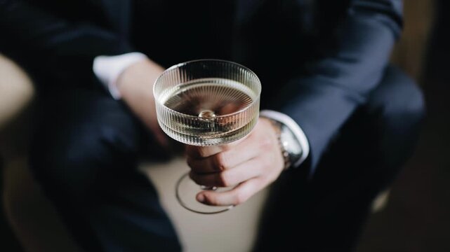 A man in a jacket holds a glass of wine in his hand. Close-up shooting