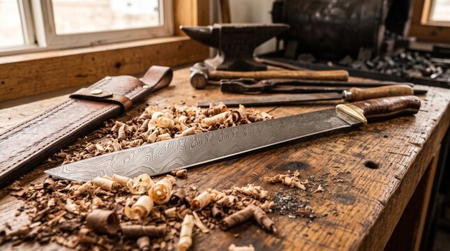 Hand Forged Steel Machete Blade Covered in Fine Wood Shavings, Anvil and Blacksmith Tools Background