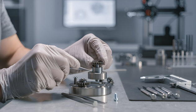 Hands in gloves assembling precision micro gears in laboratory