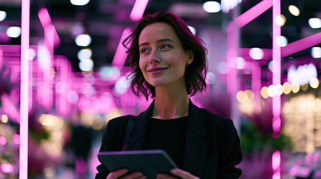 Confident Woman Holding Tablet Computer Amidst Vibrant Pink LED Lighting in Modern Indoor Environment