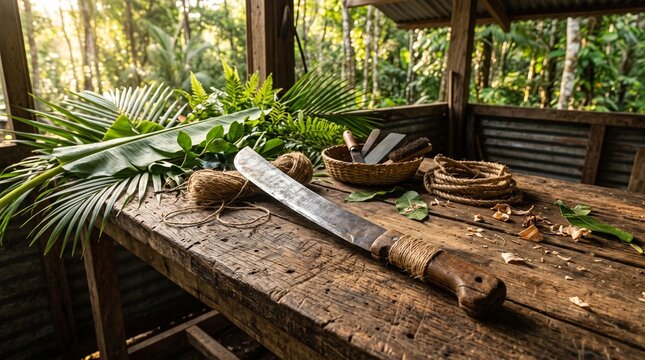 Traditional Hand Forged Machete Resting on Wooden Workbench surrounded by Tropical Palm Leaves and Twine, Rustic Farm Equipment