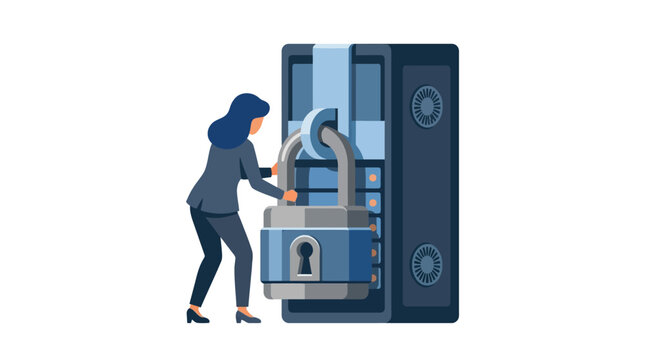 Female IT specialist securing server data with large padlock professional cybersecurity concept flat design vector illustration.
