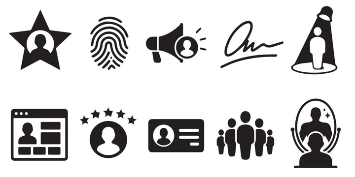 User profile and identity icons. Human resource management symbols for digital interface design.A collection of black vector icons representing user identity, personal profile, and human resource mana