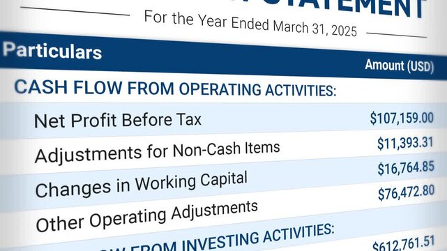 Cash Flow Statement Scrolling Animation. Net Profit, Sales, Income, Expenses, Finance, Report, Accounting Document, Budget Planning, Profit Management. 4K 2D Video Animation