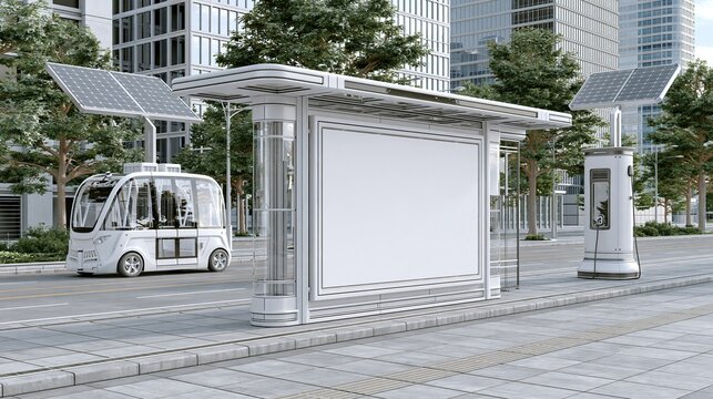 Futuristic autonomous shuttle bus charging at a solar-powered smart bus stop in a modern city