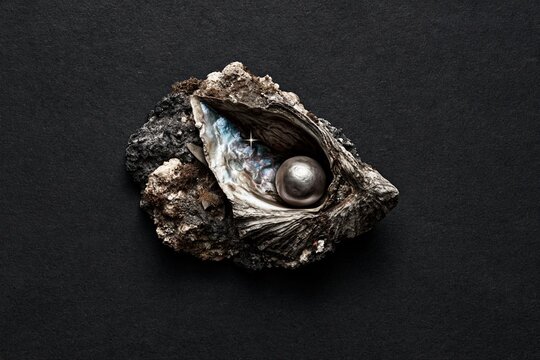 Exquisite dark oyster shell cradles a lustrous, metallic pearl on a dark, textured background, symbolizing luxury and rarity