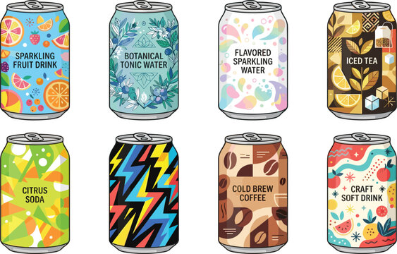 Collection of artistic aluminum beverage cans with fruit, coffee, tea, soda, and abstract packaging designs for modern drink branding showcase
