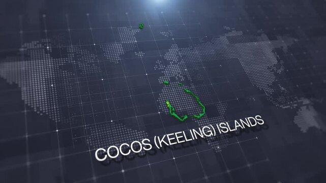 Cocos Keeling Islands map with national flag on digital world map background, geographic border, global political and international news concept