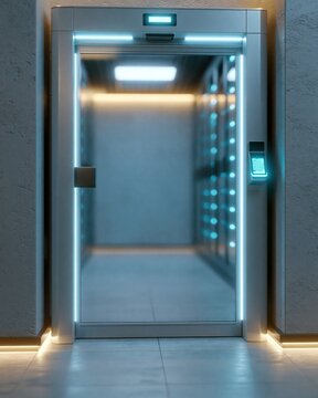 Futuristic Elevator Door with Neon Blue and Orange Lighting, Modern Technology Entrance