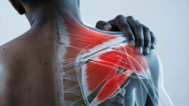 Anatomical Illustration of Shoulder and Neck Muscle Pain on African American Man for Medical and Physical Therapy Context