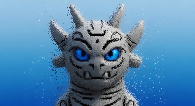 Cute small grey dragon monster with bright blue eyes in a digital pixelated art style portrait