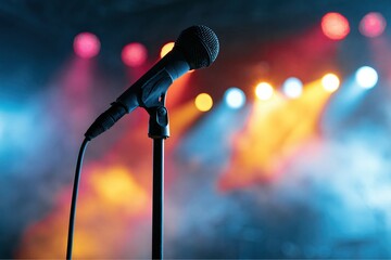 Obraz premium Close-up of a microphone on a stand on a dimly lit stage with colorful spotlights and smoke