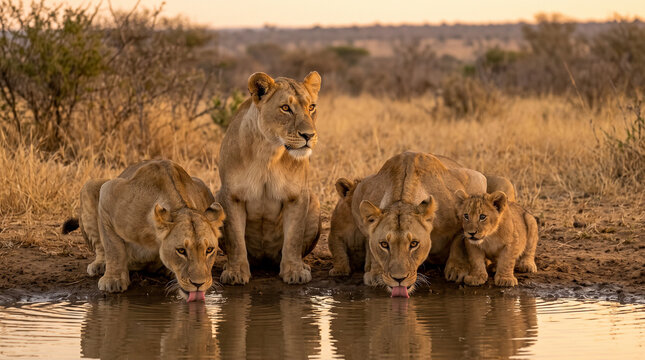 Familia de leonas con un cachorro bebiendo agua en una charca al atardecer en la sabana africana. Escena de vida salvaje con luz dorada y comportamiento natural.