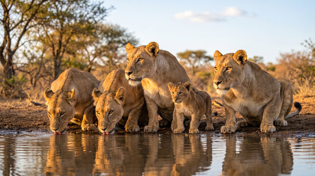 Familia de leonas con un cachorro bebiendo agua en una charca al atardecer en la sabana africana. Escena de vida salvaje con luz dorada y comportamiento natural.