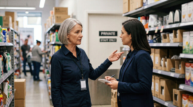 Professional store manager and employee discussing inventory in supermarket aisle, woman taking notes during retail audit in stockroom