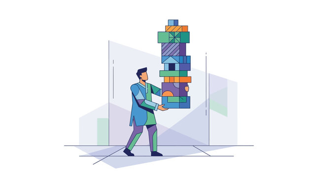 Software architect balancing tall stack of modular blocks representing complex system engineering flat vector illustration.