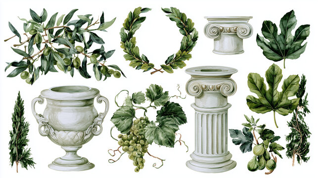 Watercolor botanical illustration featuring ancient Greek architectural elements like Ionic columns and urns, alongside natural motifs such as olive branches with olives, grapevines with grapes, fig