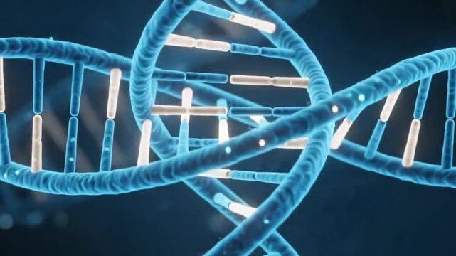 A detailed 3D rendering of a glowing blue DNA double helix structure, representing genetics and molecular biology.