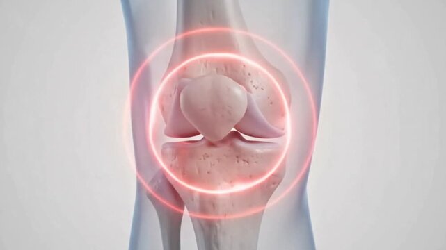 Detailed anatomical illustration of a human knee joint with a red glow indicating pain or inflammation.