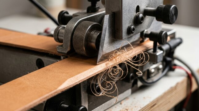 A leather work machine trims leather as curly shavings pile along the bench.