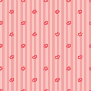 Pink Lipstick Kiss Prints Striped Seamless Pattern. Romantic red lip mark pattern on pink vertical stripes background for beauty branding, cosmetics, and wrapping paper.