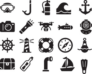 Scuba Diving Ocean Exploration Nautical Navigation and Marine Technology Glyph Icon Set © MSTNUSRATJAHAN