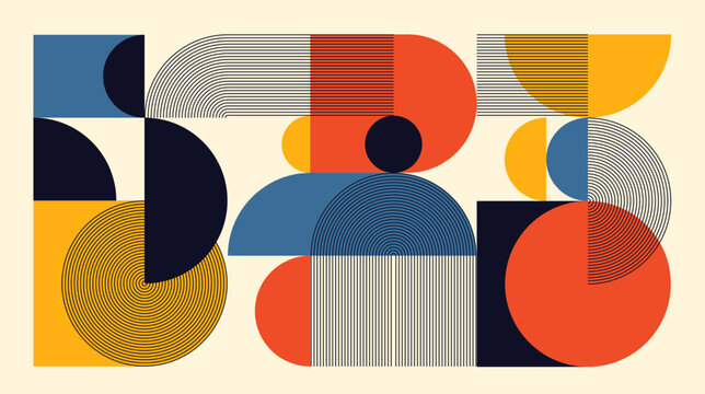 Bold Bauhaus inspired geometric composition with circles, arches and lines in a retro color palette. Vector illustration.