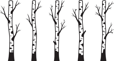 Birch Tree Silhouette Set Vector, Bare Tree Trunk Collection, Black Forest Tree Clipart, Winter Woodland Tree Icons . © Rizvi