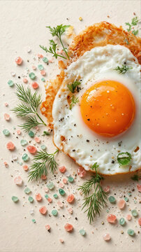 Single fried egg served on a crispy potato hash brown with fresh dill and colorful rock salt crystals on a light textured background