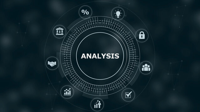 Circular digital interface with the word analysis in the center surrounded by business like a padlock lightbulb and handshake on dark background
