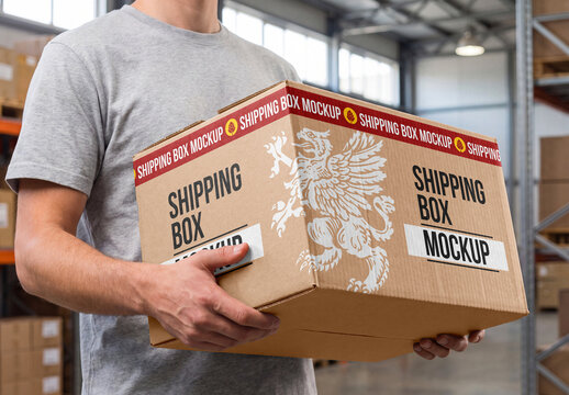 Man Holding Shipping Box in Warehouse Mockup