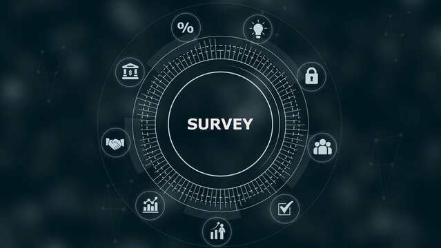 Circular digital interface with the word survey in the center surrounded by business like a padlock lightbulb and handshake on dark background