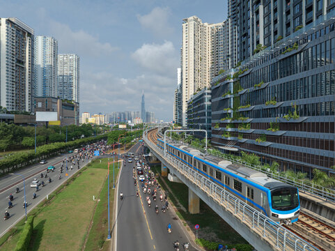 Elevated Metro Train and Urban Traffic in Saigon