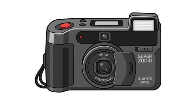 Retro compact autofocus film camera vector icon featuring a zoom lens and red shutter button against a clean white backdrop