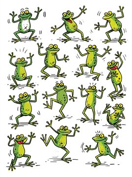 Collection of cheerful cartoon frogs dancing and celebrating with energetic poses on a white background