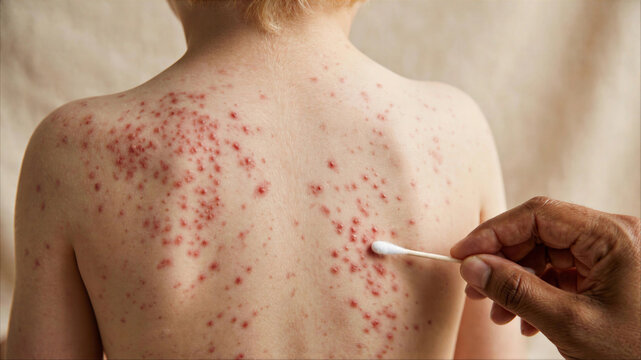 Pediatric patient with red viral skin rash on back being treated with a cotton swab, representing chickenpox, measles, or dermatitis care.