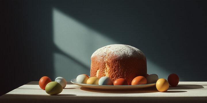 An Easter cake dusted with powdered sugar, surrounded by colorful dyed eggs, sitting on a plate on a table with sunlight streaming through a window.