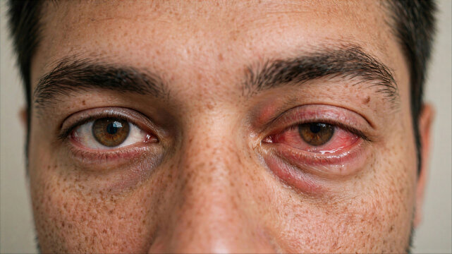 Close-up portrait of man with severe red eye infection, conjunctivitis, and eyelid swelling