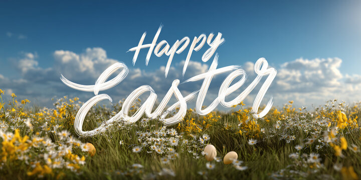 A beautiful Easter greeting card featuring a field of wildflowers under a blue sky with fluffy clouds. The words Happy Easter are written in elegant script.