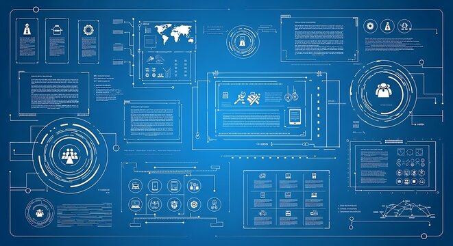 Blue digital dashboard interface with data analytics charts and futuristic hud technology elements