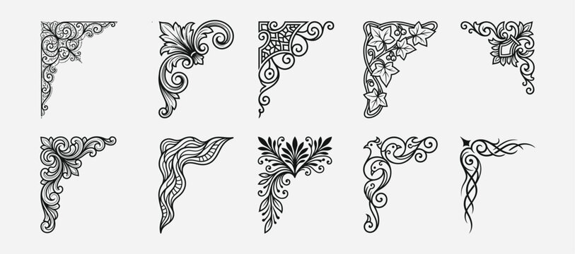 Ornate decorative corner elements in vintage style with intricate scrollwork against a clean background