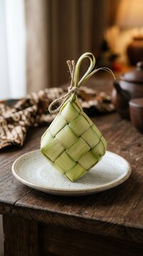Ketupat on a plate, traditional asian food