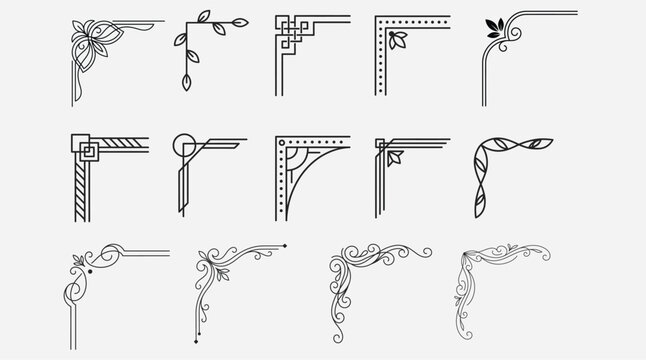 Decorative Ornate Corner Accents with Floral and Geometric Elements on White Background