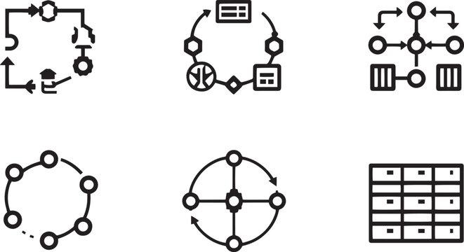 Workflow Circuit Circular Process Network Hierarchy Node Ring Cross Diagram Database Table Line Icon Set Vector Asset