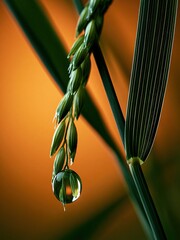 Obraz premium Macro shot of a dewdrop clinging to a green grass seed head, reflecting the plant's leaves against a warm orange background.