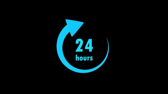 24 hours timer clock icon animation with circular arrow on black background .24 hours with arrow