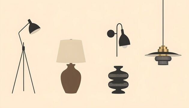 Minimalist modern lamps vector set, flat design, beige background.